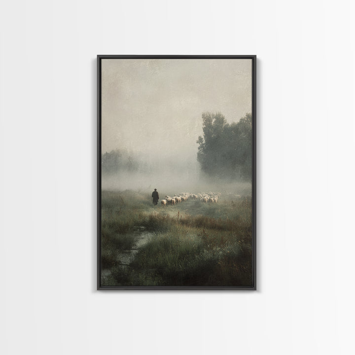 Misty Shepherd Path - Framed Canvas Print - Christian Wall Art - Jesus Painting - Pastoral Scenery - Christian Art Canvas - Faith Art