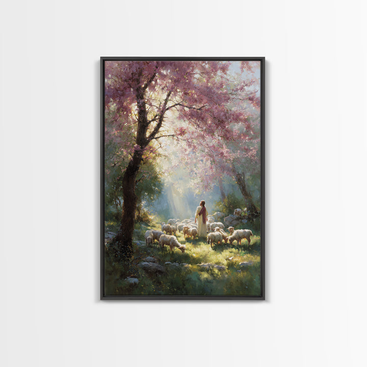 Springtime Shepherd - Framed Canvas Print - Christian Art Canvas - Christian Wall Art - Jesus Painting - Floral Christian Art - Christian D