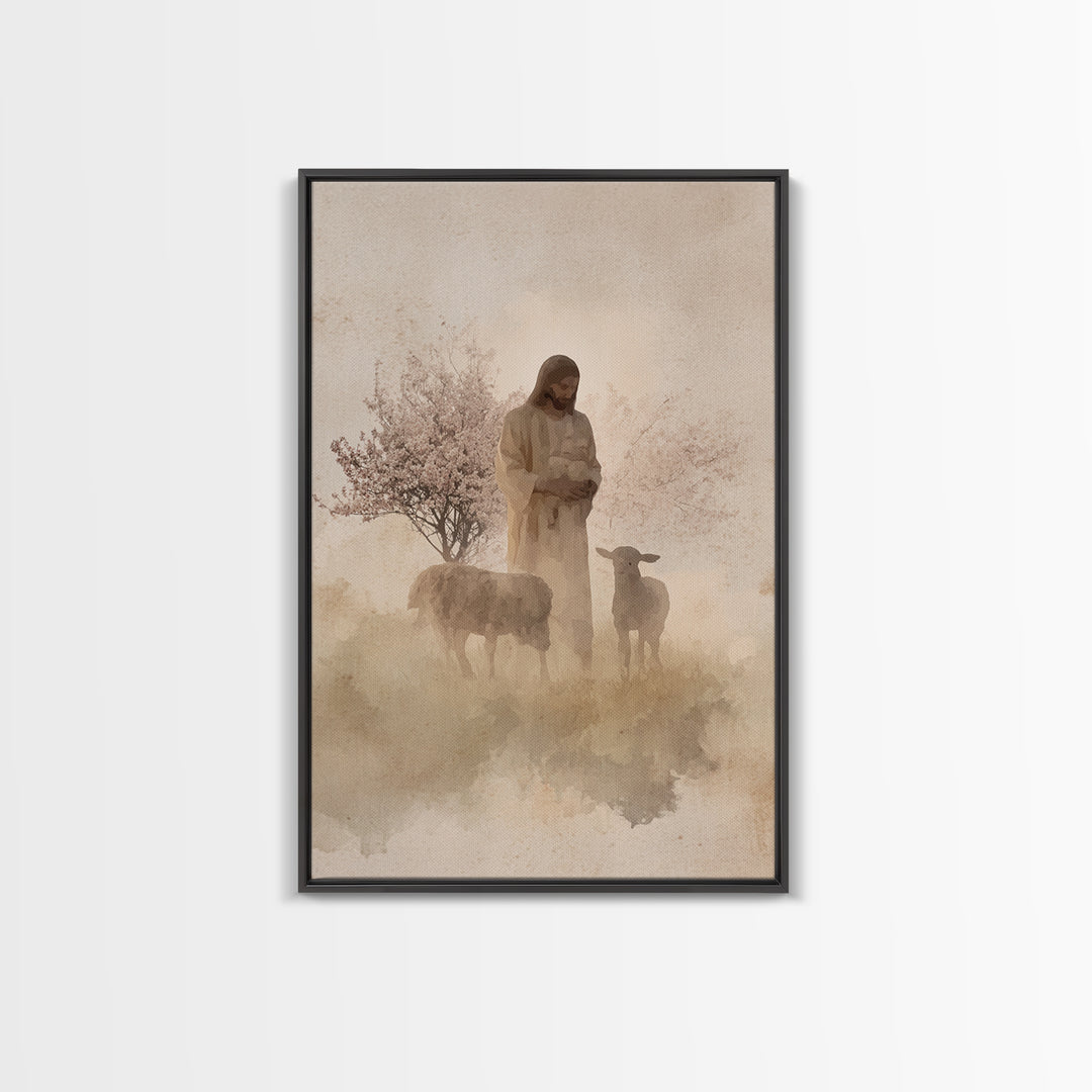 Soft Shepherd Glow - Framed Canvas Print - Christian Art Canvas - Christian Wall Art - Jesus Painting - Minimalist Christian Art - Faith Ar