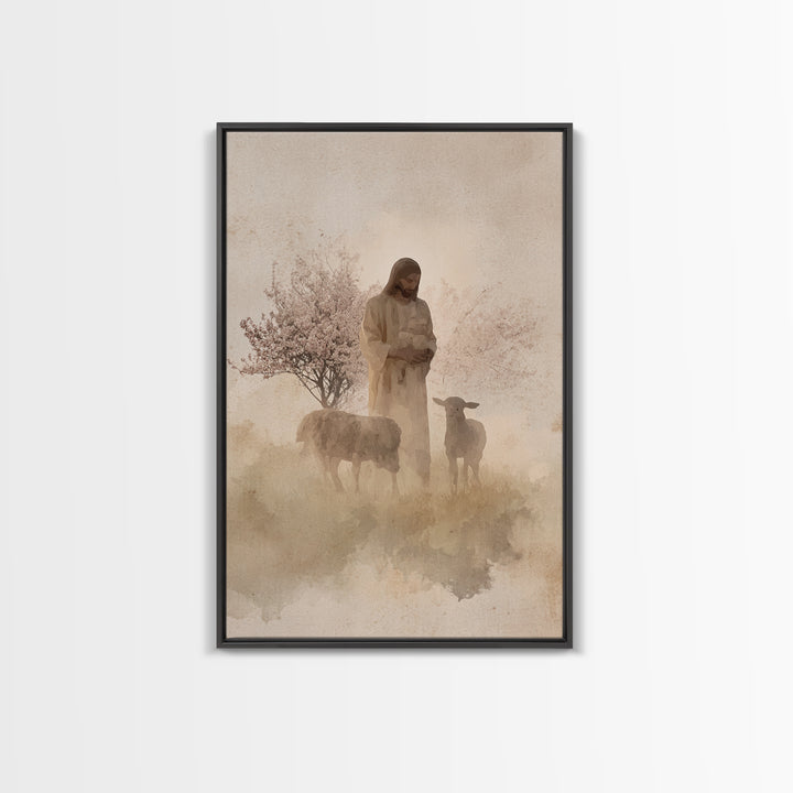 Soft Shepherd Glow - Framed Canvas Print - Christian Art Canvas - Christian Wall Art - Jesus Painting - Minimalist Christian Art - Faith Ar