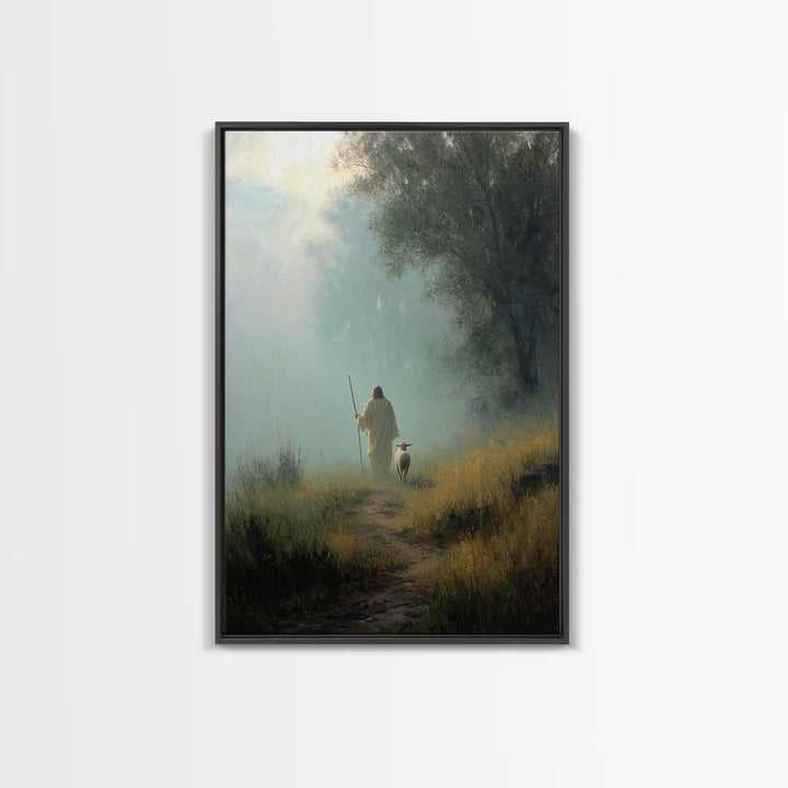 Misty Guide – Framed Canvas Print – Christian Art Canvas – Christian Wall Art – Jesus Painting – Pastoral Scenery – Christian Gift