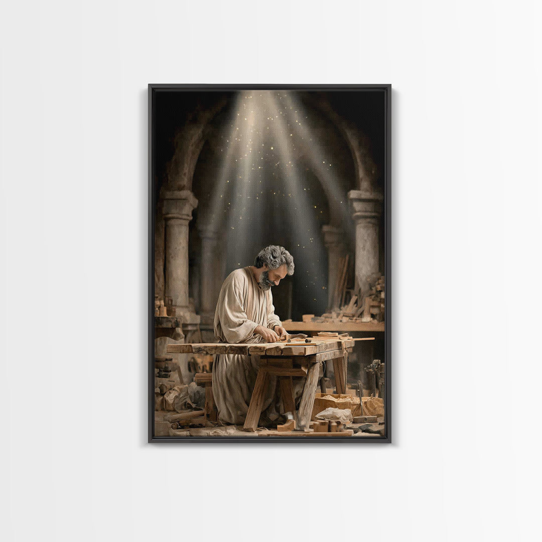 Humble Workshop Light, Framed Canvas Print, Christian Art Canvas, Jesus Painting, Christian Wall Art, Christian Decor, Christmas Art