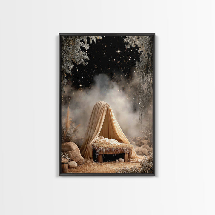 Guiding Star Cradle – Framed Canvas Print – Christian Wall Art – Jesus Painting – Christmas Art – Christian Christmas Decor – Christian Art