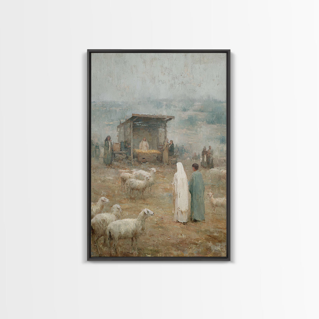 Shepherds In Wonder – Framed Canvas Print – Christian Art Canvas – Christmas Wall Art – Jesus Painting – Christian Christmas Art – Vintage