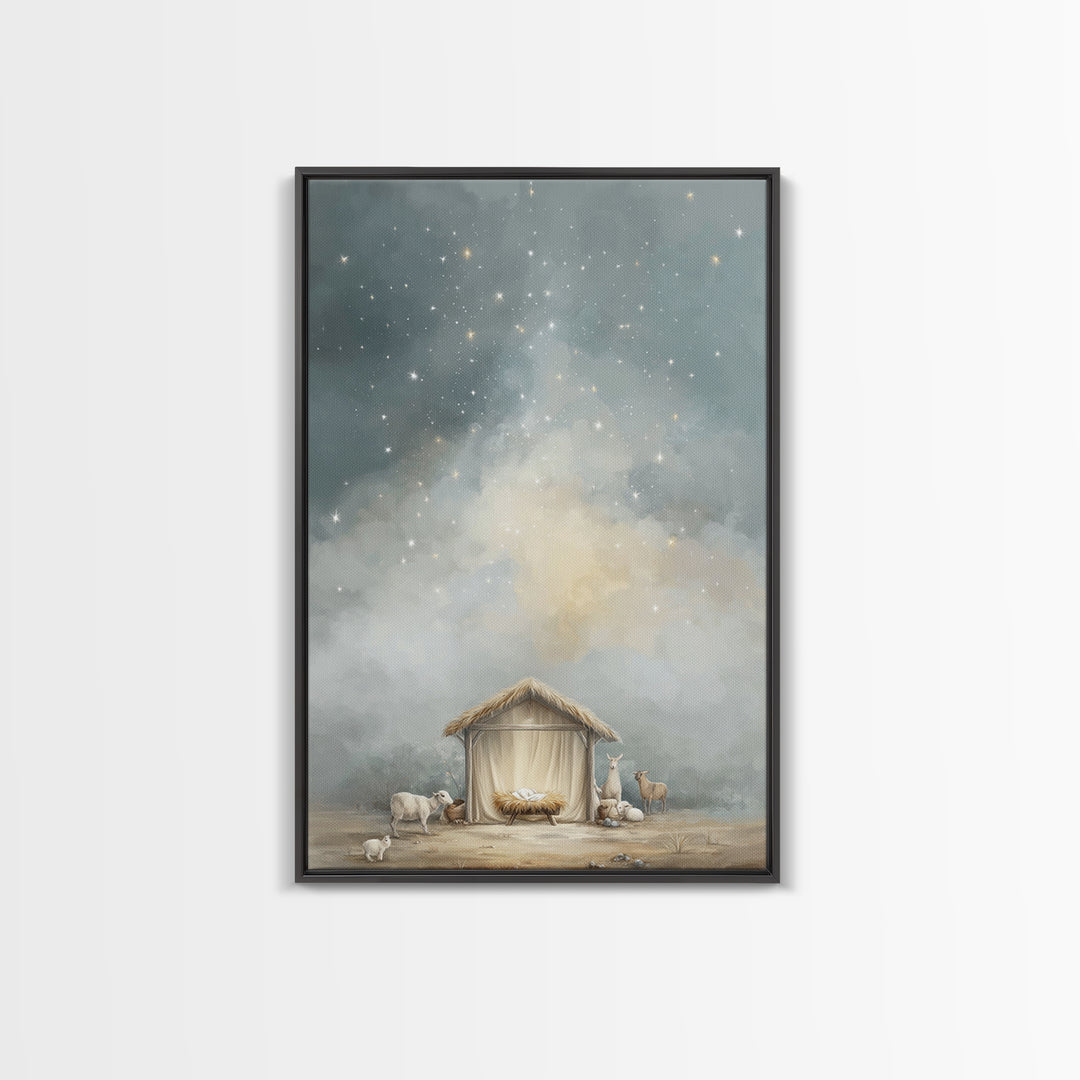 Heavenly Night Shelter – Framed Canvas Print – Christian Wall Art – Christian Christmas Art – Jesus Painting – Modern Christian Art – Chris