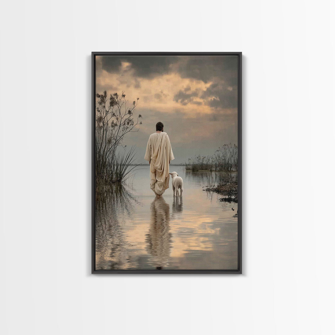 Evening Shepherd Hope – Framed Canvas Print – Christian Art Canvas – Christian Wall Art – Jesus Painting – Christian Christmas Art – Subtle