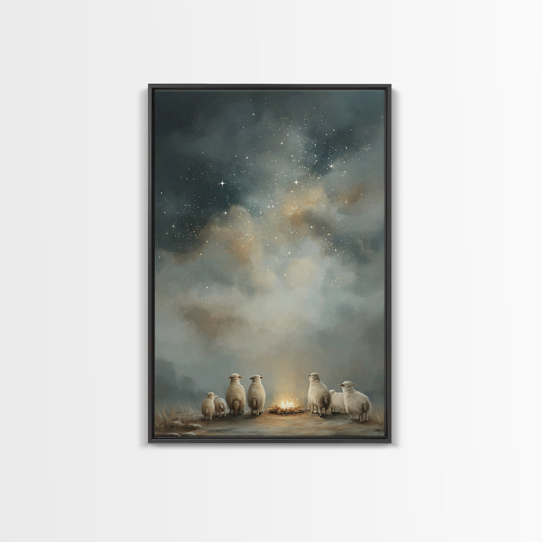 Starry Night Flock – Framed Canvas Print – Christmas Art – Christian Art Canvas – Christian Wall Art – Folk Art Christmas – Christian Chris