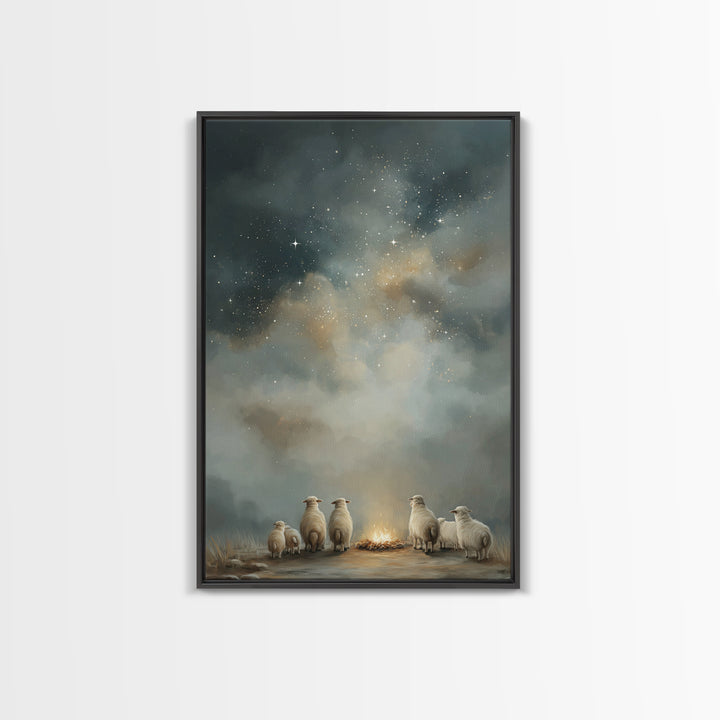 Starry Night Flock – Framed Canvas Print – Christmas Art – Christian Art Canvas – Christian Wall Art – Folk Art Christmas – Christian Chris