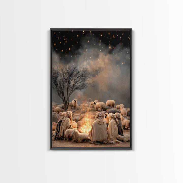 Shepherds By Fire – Framed Canvas Print – Christian Christmas Art – Christian Art Canvas – Christmas Wall Art – Christian Art – Vintage Chr