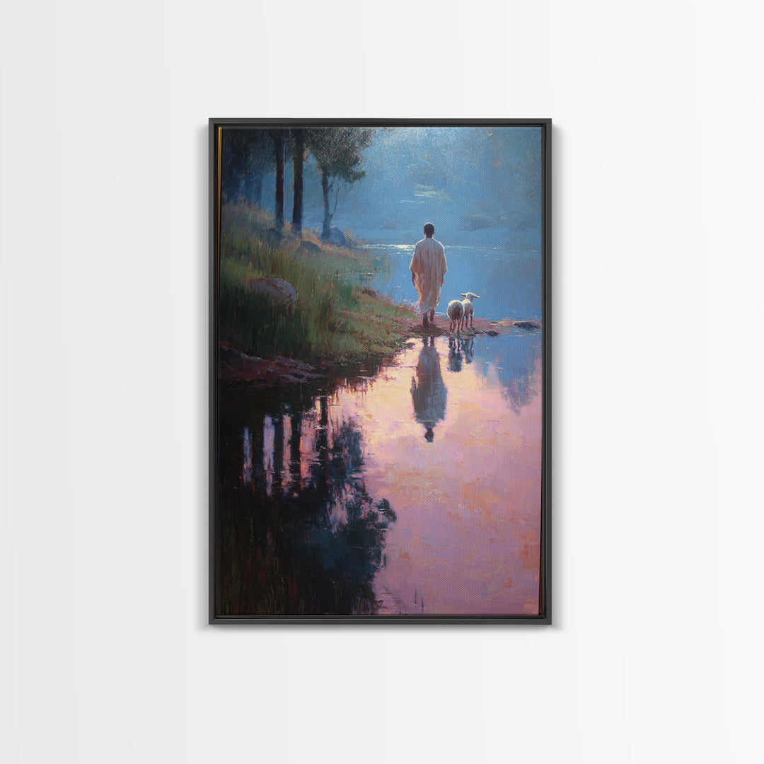 Shepherd’s Gentle Walk | Framed Canvas Print | Christian Wall Art | Jesus Painting | Christian Art Canvas | Modern Christian Art | Christma