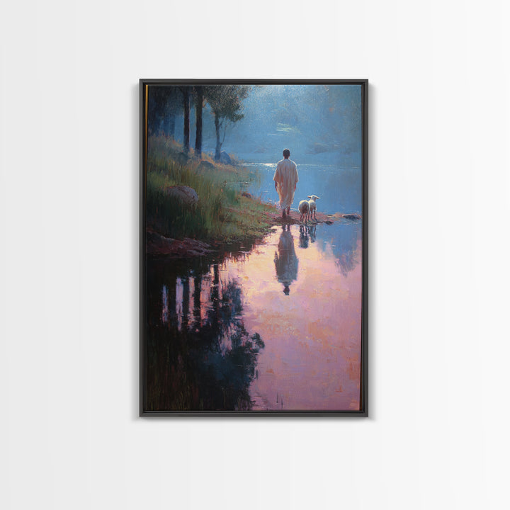 Shepherd’s Gentle Walk | Framed Canvas Print | Christian Wall Art | Jesus Painting | Christian Art Canvas | Modern Christian Art | Christma