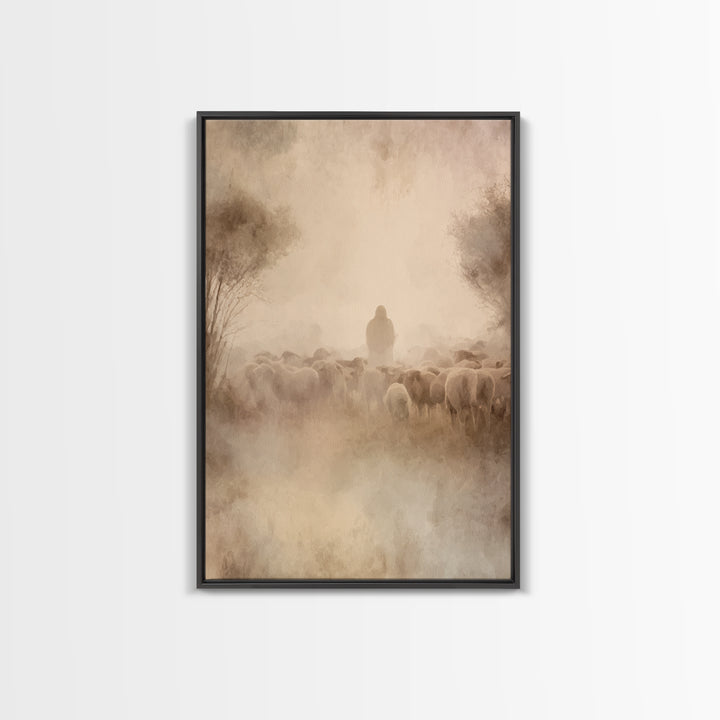 Shepherd’s Dawn – Framed Canvas Print – Christian Wall Art – Jesus Painting – Christian Art Canvas – Pastoral Scenery – Christian Christmas