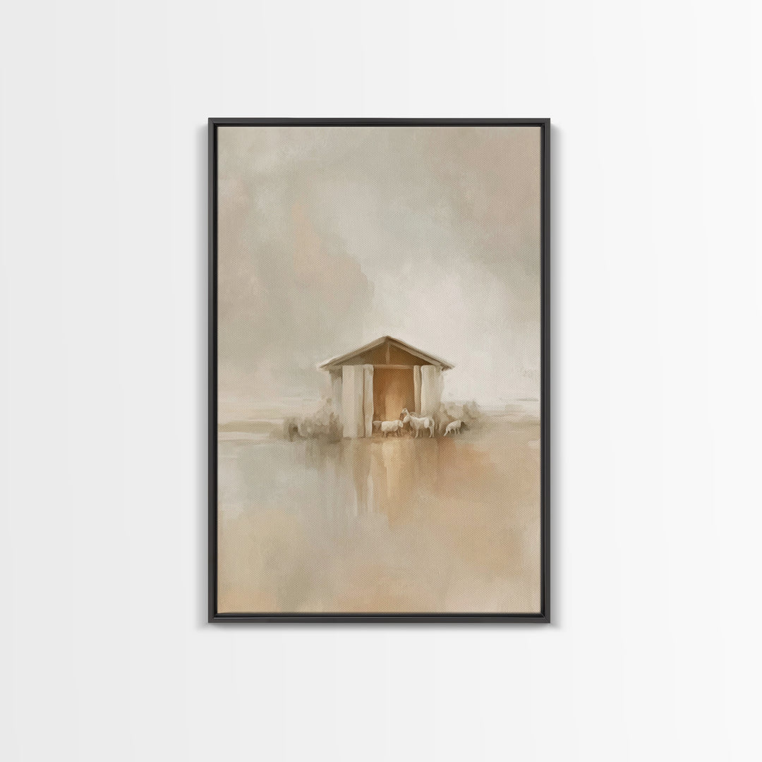 Quiet Manger Light, Framed Canvas Print, Christmas Wall Art, Christian Art Print, Minimalist Christian Art, Christian Christmas Art, Christ