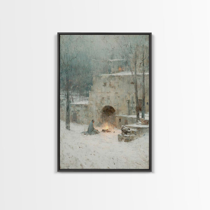 Warm Vigil Night – Framed Canvas Print – Christian Art – Christmas Art – Moody Christmas Art – Christian Wall Art – Christian Art Gift