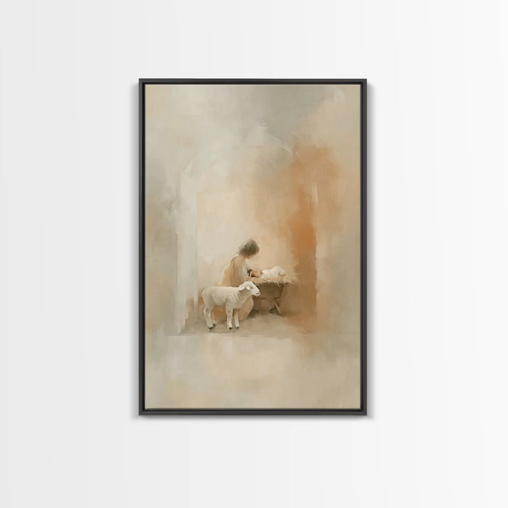 Blessed Manger Scene | Framed Canvas Print | Christian Art Print | Christian Christmas Decorations | Jesus Christmas Art | Christian Painti