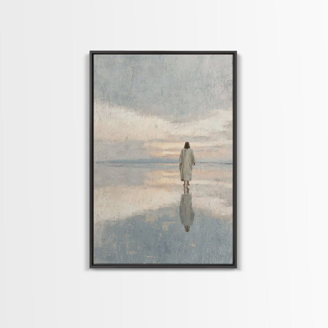 Quiet Water Crossing, Framed Canvas Print, Christian Wall Art, Jesus Painting, Christian Art Canvas, Christian Christmas Art, Christian Dec