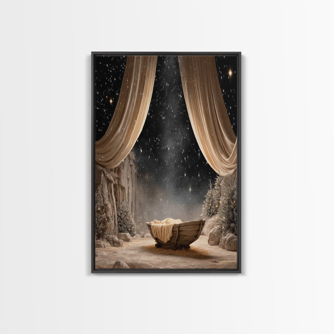 Starry Night Cradle | Framed Canvas Print | Christmas Wall Art | Christian Christmas Art | Christmas Canvas Wall Art | Framed Christmas Art