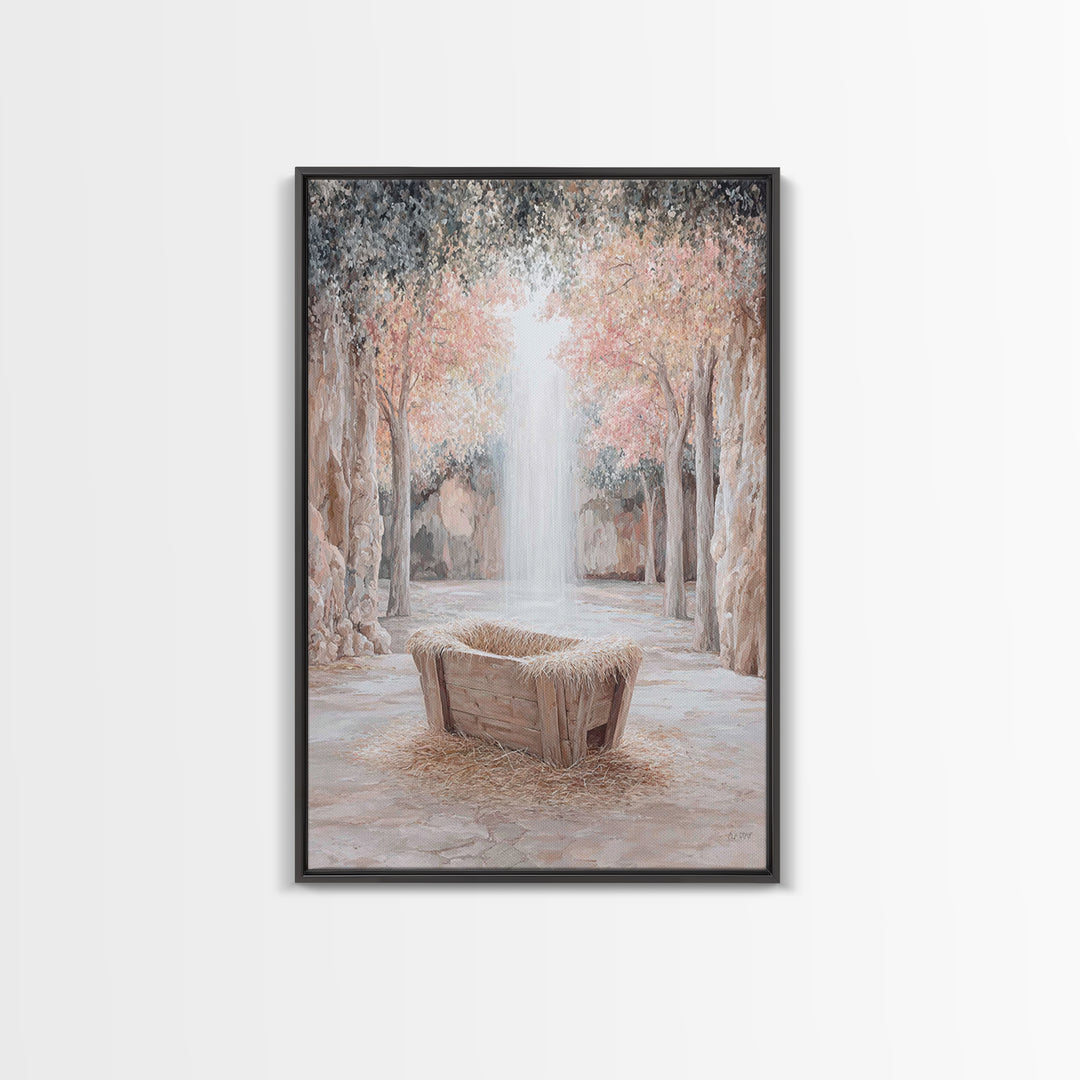 Garden Manger Glow, Framed Canvas Print, Christian Wall Art, Christian Art Canvas, Christmas Art Prints, Modern Christian Art, Christian Ch