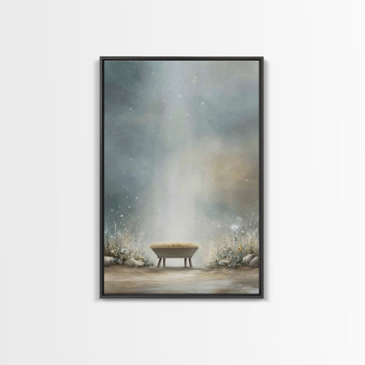 Heaven’s Gentle Cradle – Framed Canvas Print – Christmas Wall Art – Christian Christmas Art – Christian Art Canvas – White Christmas Art –
