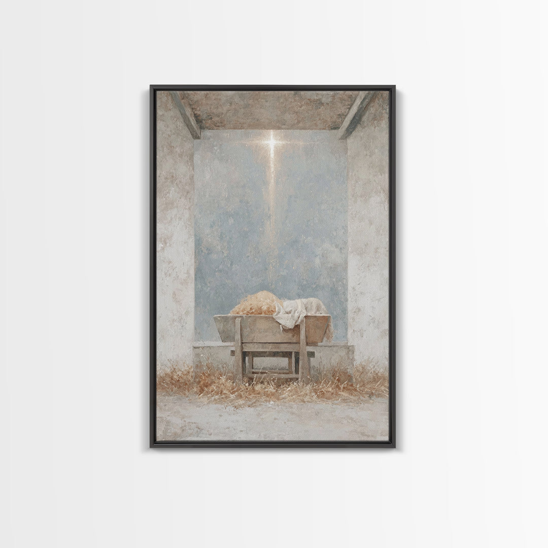 Humble Cradle Light, Framed Canvas Print, Christian Art Canvas, Christmas Wall Art, Subtle Christian Art, Christian Christmas Art, Modern C