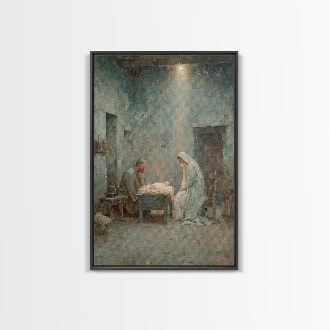 Holy Night Family – Framed Canvas Print – Christian Christmas Art – Christian Wall Art – Birth Of Jesus Painting – Christmas Art Prints – C