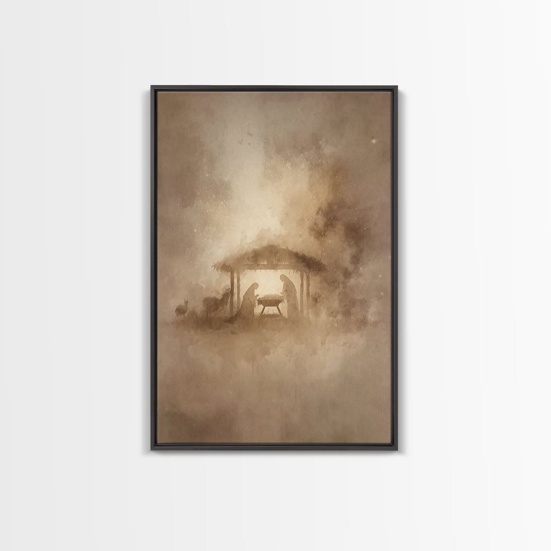 Silent Night Stable – Framed Canvas Print – Christmas Art – Christian Christmas Art – Christian Wall Art – Christian Art Canvas – Christian
