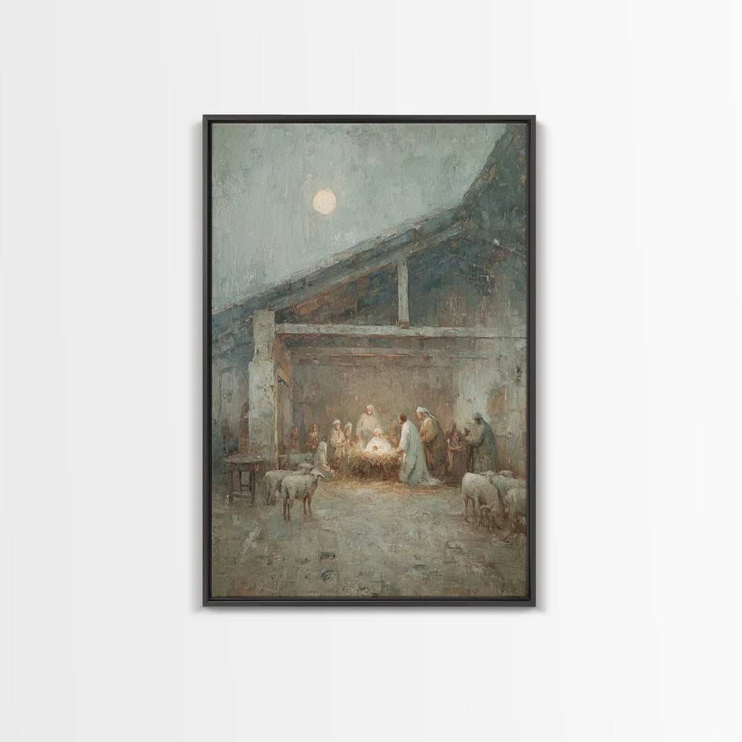 Holy Night Gathering – Framed Canvas Print – Christian Wall Art – Christian Art Canvas – Christmas Art – Christian Christmas Art – Christia