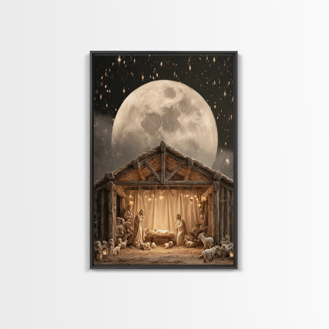 Moonlit Nativity, Framed Canvas Print, Christian Wall Art, Christian Art Canvas, Christmas Art, Christian Christmas Art, Christian Gift Ide