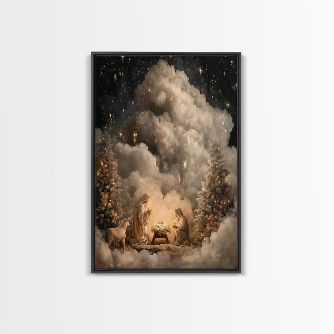 Heavenly Nativity Glow | Framed Canvas Print | Christian Wall Art | Christian Art Canvas | Christmas Art | Christian Christmas Art | Christ