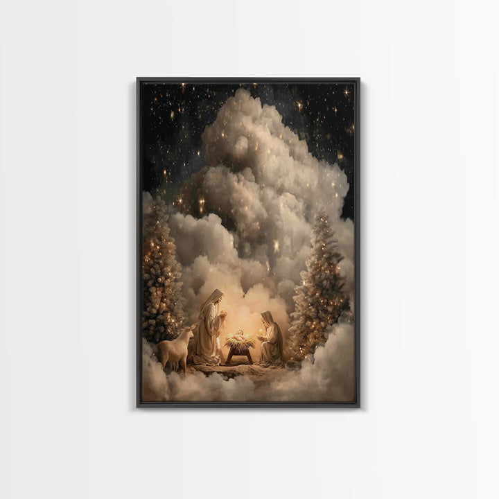 Heavenly Nativity Glow | Framed Canvas Print | Christian Wall Art | Christian Art Canvas | Christmas Art | Christian Christmas Art | Christ