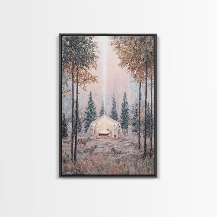 Forest Nativity Dawn – Framed Canvas Print – Christian Wall Art – Christian Art Canvas – Christmas Art – Christian Christmas Art – Christia