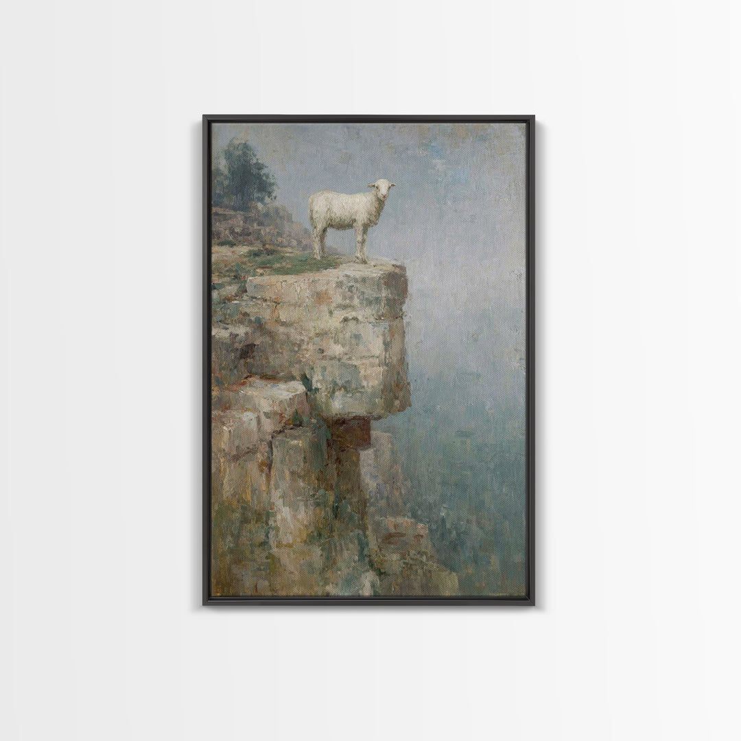Lone Cliff Lamb – Framed Canvas Print – Christian Wall Art – Christian Art Canvas – Pastoral Scenery – Christian Art Print – Subtle Christi