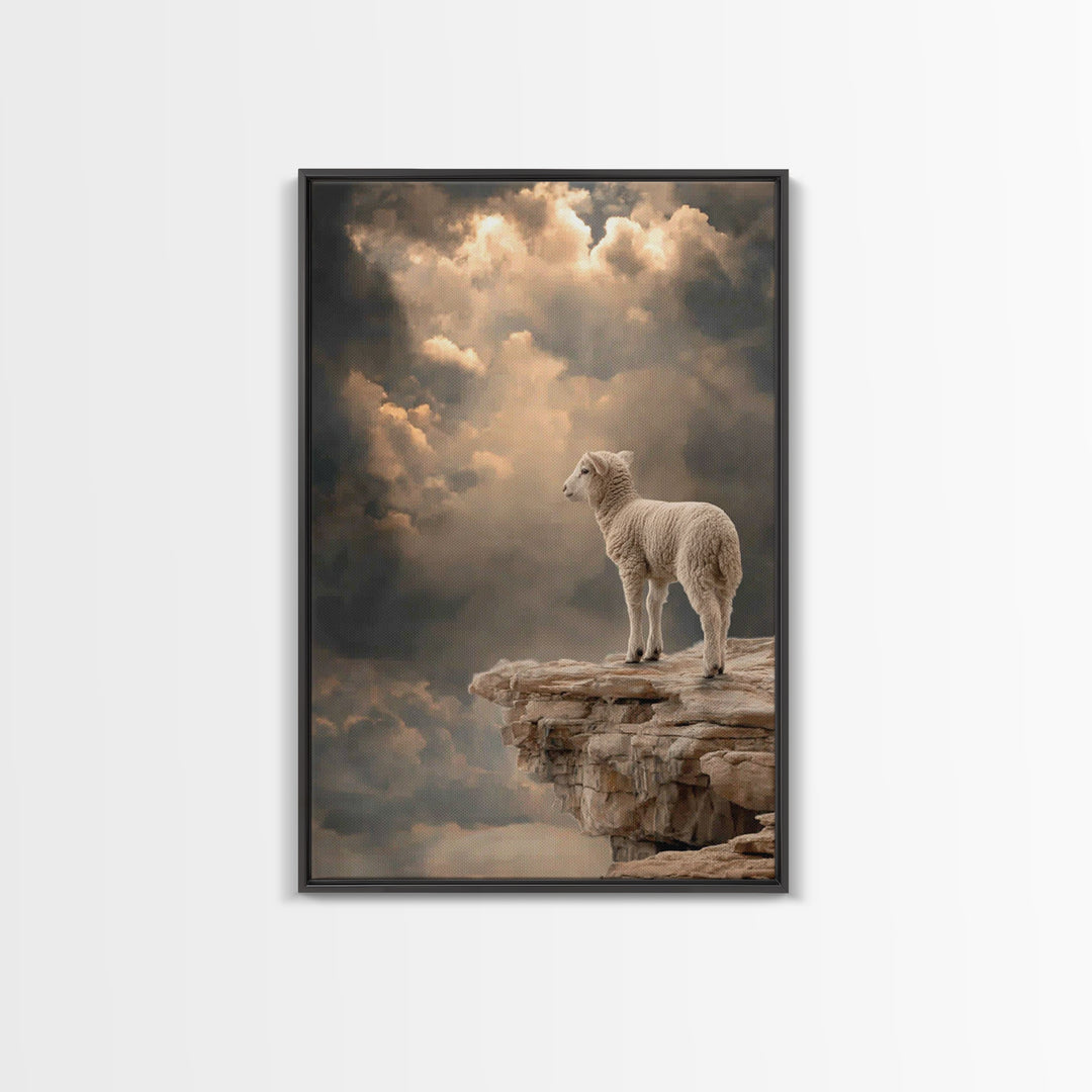 Quiet Summit Lamb, Framed Canvas Print, Christian Wall Art, Christian Art Canvas, Minimalist Christian Art, Christian Decor, Pastoral Scene