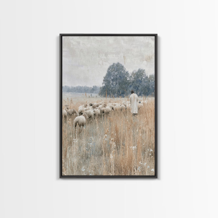 Shepherd In Stillness – Framed Canvas Print – Christian Wall Art – Christian Art Canvas – Jesus Painting – Vintage Christian Art – Christia