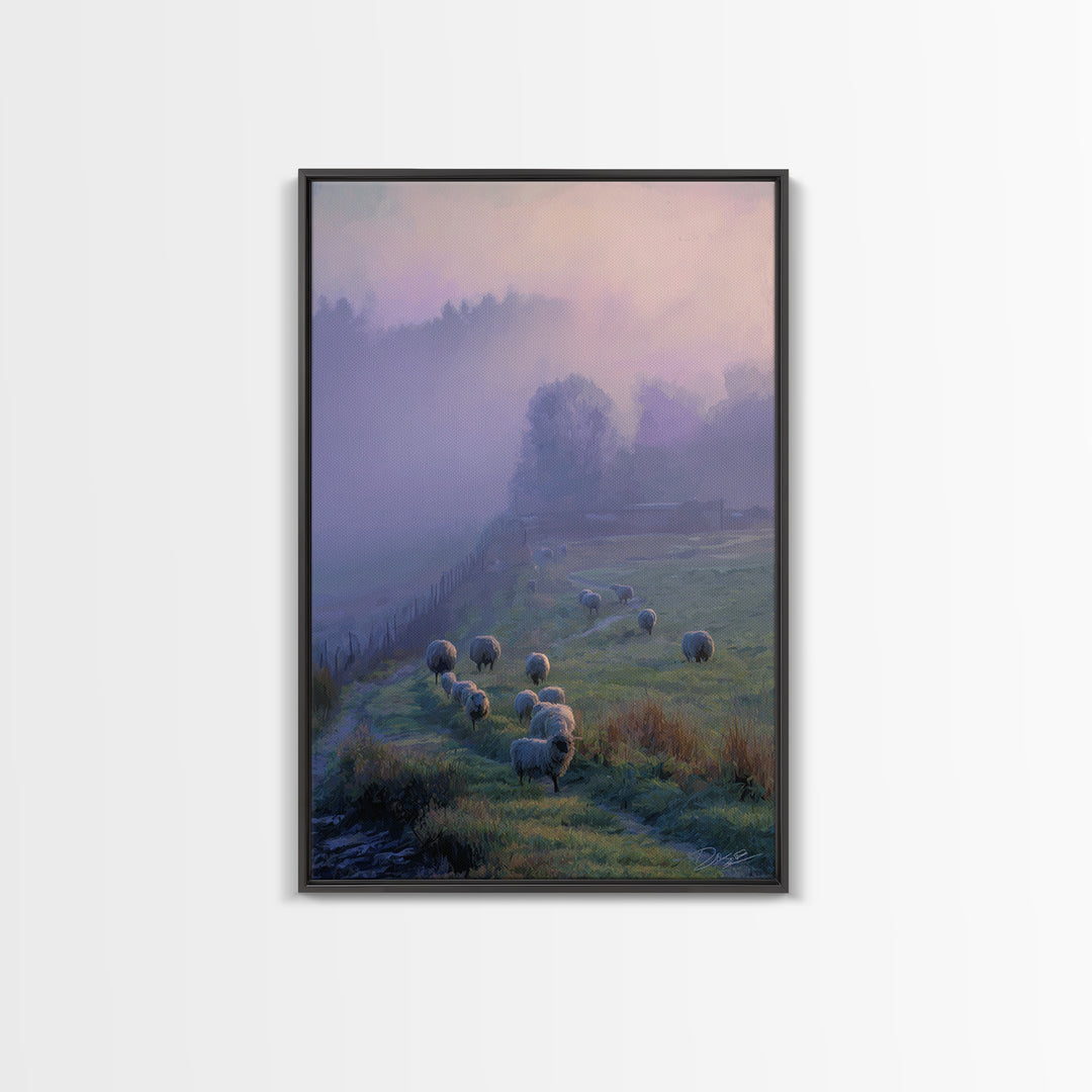 Pasture Peace – Framed Canvas Print – Christian Art Print – Christian Wall Art – Pastoral Scenery – Blue Christian Art – Christian Art Canv