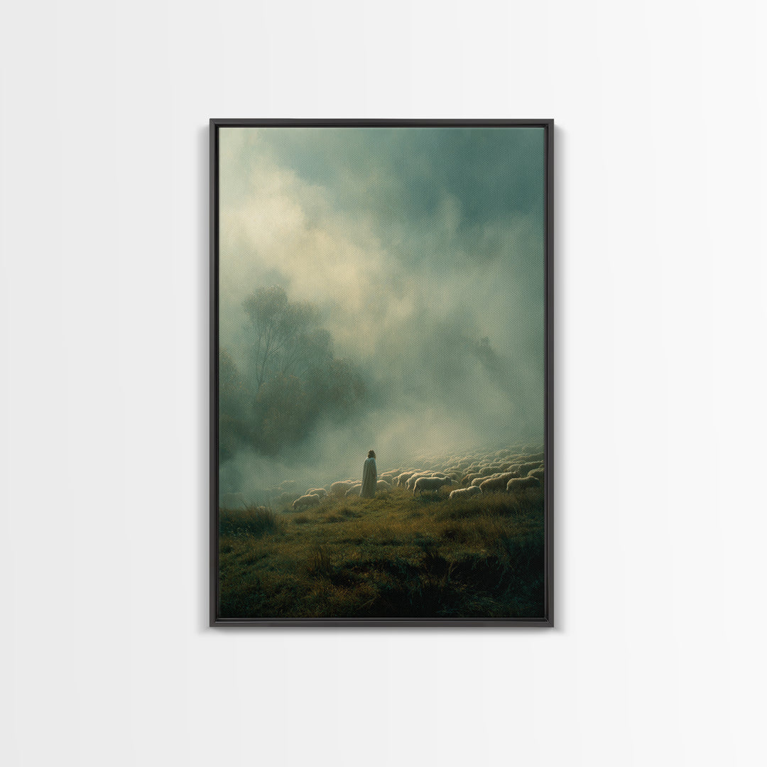 Guiding Shepherd – Framed Canvas Print – Christian Wall Art – Christian Art Canvas – Jesus Painting – Pastoral Scenery – Moody Christian Ar