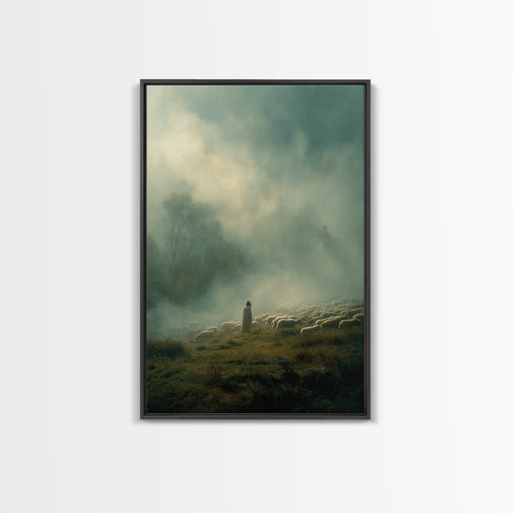 Guiding Shepherd – Framed Canvas Print – Christian Wall Art – Christian Art Canvas – Jesus Painting – Pastoral Scenery – Moody Christian Ar
