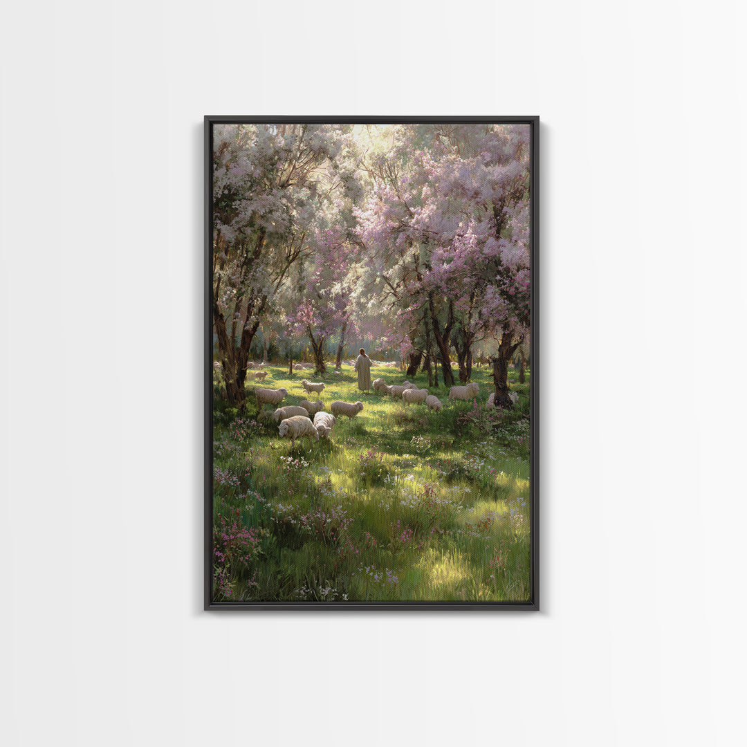 Garden Of The Shepherd, Framed Canvas Print, Christian Art Canvas, Jesus Painting, Christian Wall Art, Christian Gift Ideas, Vintage Christ