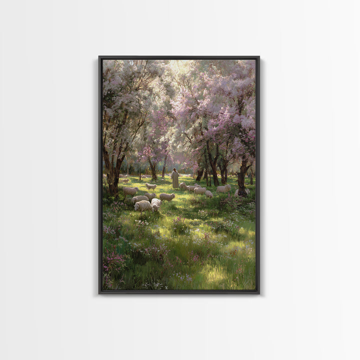 Garden Of The Shepherd, Framed Canvas Print, Christian Art Canvas, Jesus Painting, Christian Wall Art, Christian Gift Ideas, Vintage Christ