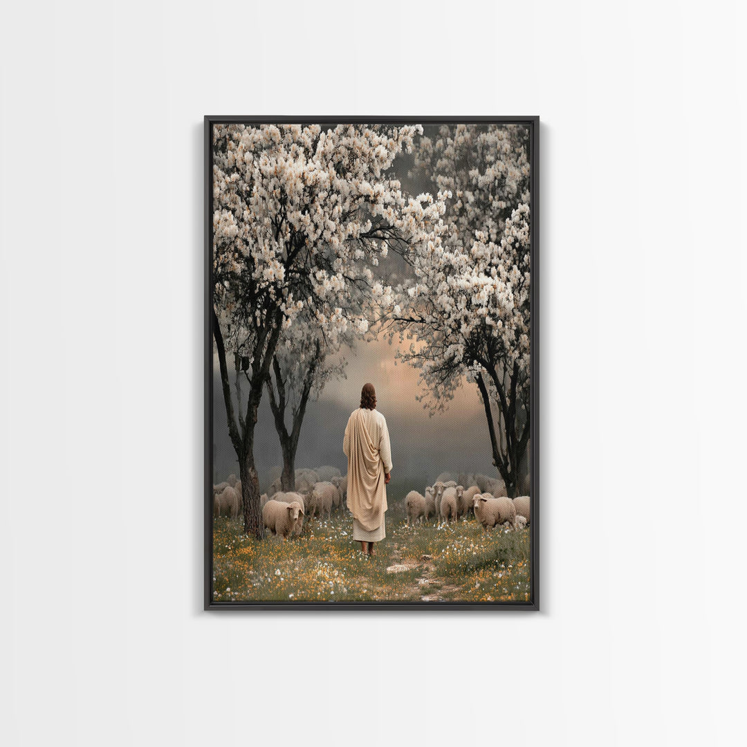 Springtime Shepherd Calm, Framed Canvas Print, Christian Wall Art, Christian Art Canvas, Christian Art Gift, Jesus Painting, Christian Pain