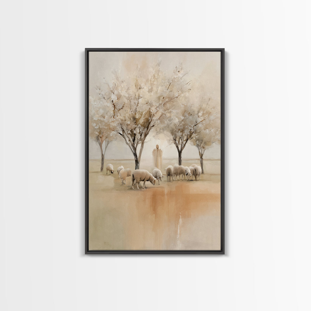 Quiet Pasture Peace, Framed Canvas Print, Christian Wall Art, Christian Art Canvas, Jesus Painting, Christian Christmas Art