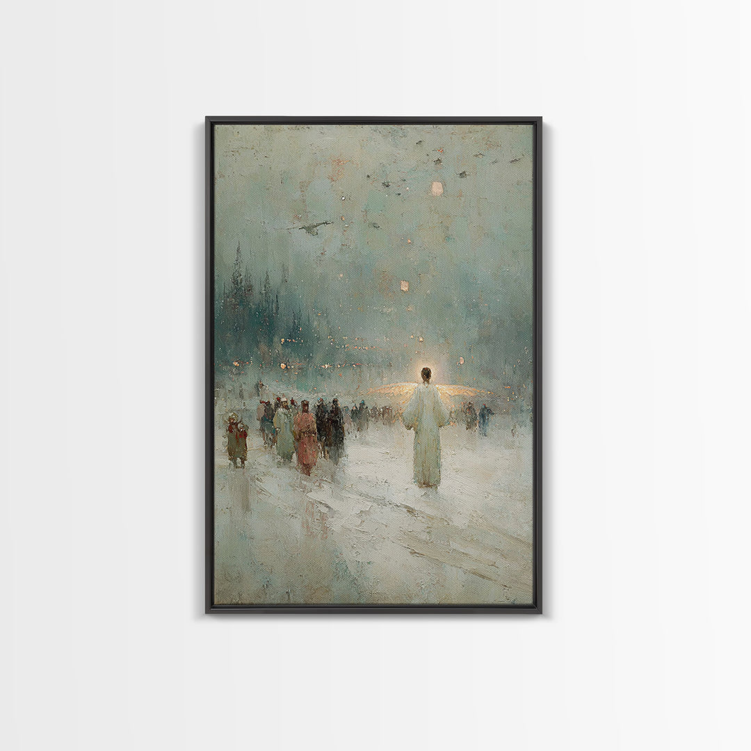 Silent Gathering Grace – Framed Canvas Print – Christian Christmas Art – Christian Wall Art – Moody Christmas Art – Christian Art Canvas –