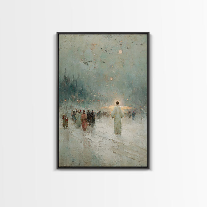 Silent Gathering Grace – Framed Canvas Print – Christian Christmas Art – Christian Wall Art – Moody Christmas Art – Christian Art Canvas –
