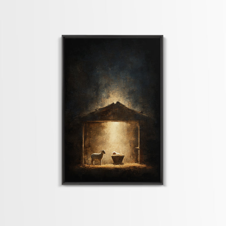 Holy Night Shelter – Framed Canvas Print – Christian Wall Art – Christmas Art – Christian Art Canvas – Moody Christmas Art – Christian Chri