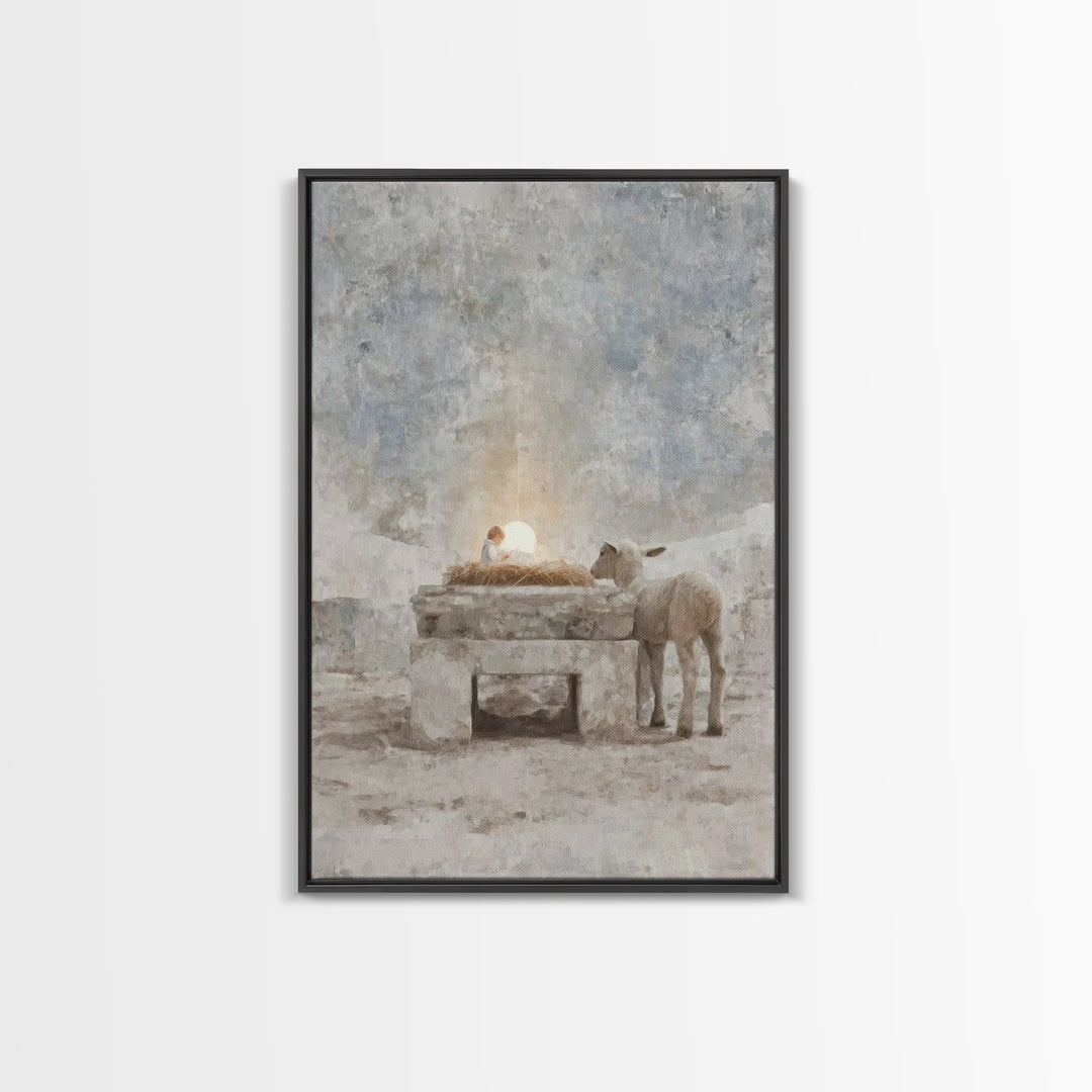 Sacred Manger Glow – Framed Canvas Print – Christian Wall Art – Christian Art Canvas – Christmas Art – Christian Christmas Art – Modern Chr