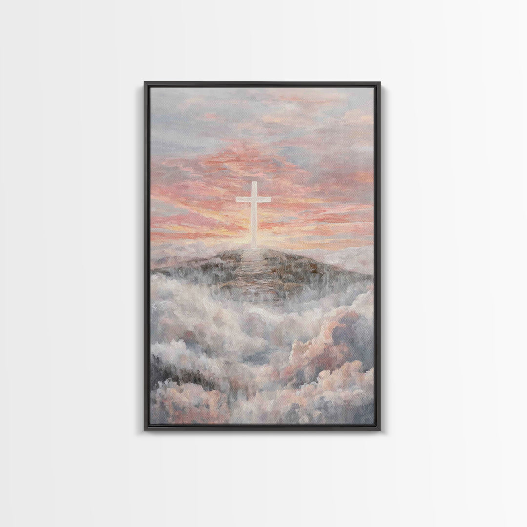 Hilltop Sunrise Cross, Framed Canvas Print, Christian Wall Art, Christian Art Print, Large Christian Painting, Christian Home Decor