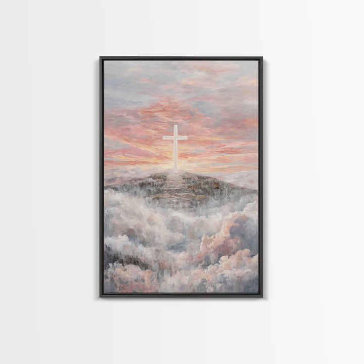 Hilltop Sunrise Cross, Framed Canvas Print, Christian Wall Art, Christian Art Print, Large Christian Painting, Christian Home Decor