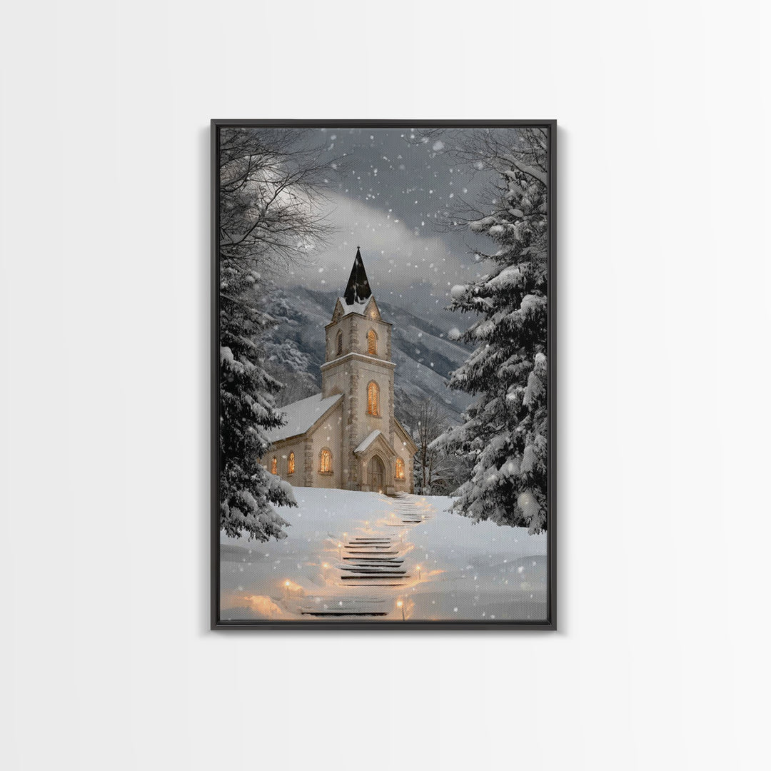 Snowfall Chapel – Framed Canvas Print – Christmas Wall Art – Christian Christmas Art – Framed Christmas Art – Christmas Art Work – Christia