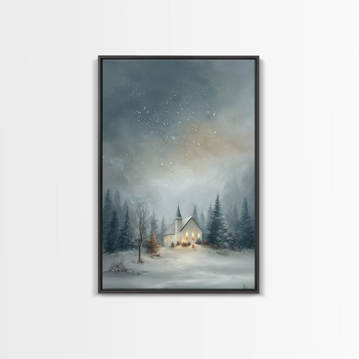 Starry Night Chapel – Framed Canvas Print – Christian Christmas Art – Christmas Canvas Wall Art – Framed Christmas Wall Art – Modern Christ