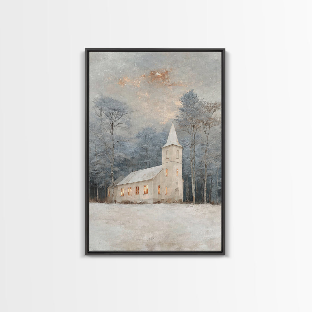 Frosted Chapel – Framed Canvas Print – Christian Wall Art – Christian Christmas Art – White Christmas Art – Christmas Canvas Wall Art – Chr
